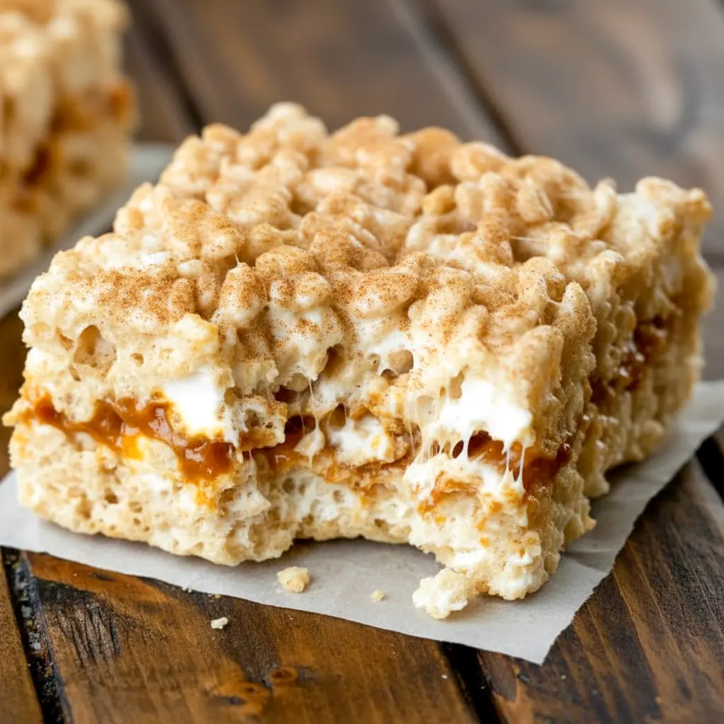 Close-up shot of brown butter dulce de leche Rice Krispie Treats, layered with gooey caramel and topped with extra marshmallows, creating soft, chewy Crispy Treats perfect for fans of gourmet Cereal Treats and Baking Sweets.