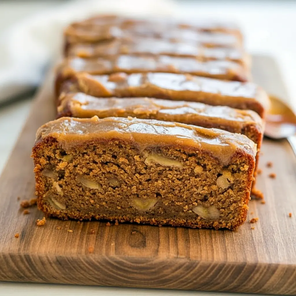 Sliced caramel macchiato banana bread on a wooden board, glossy brown-sugar glaze dripping, with a halved banana and a small jar of caramel beside it, Best Caramel Banana Bread.