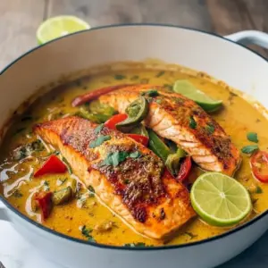 Pan-seared salmon fillet in a creamy tropical sauce with red and green bell peppers, garnished with fresh thyme and served over jasmine rice, Coconut Curry.
