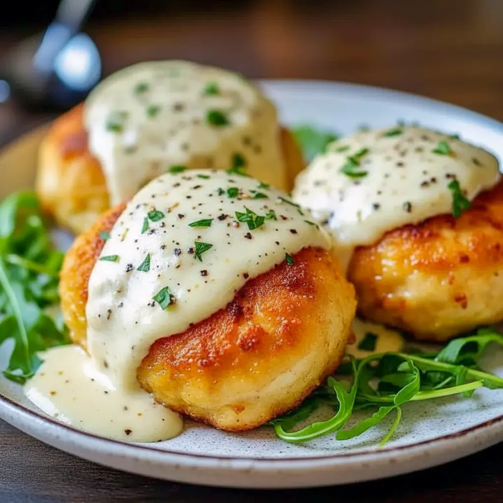 Golden-brown crescent-wrapped chicken pillows topped with creamy Parmesan sauce on a plate, Chicken Pillows With Creamy Parmesan Sauce.