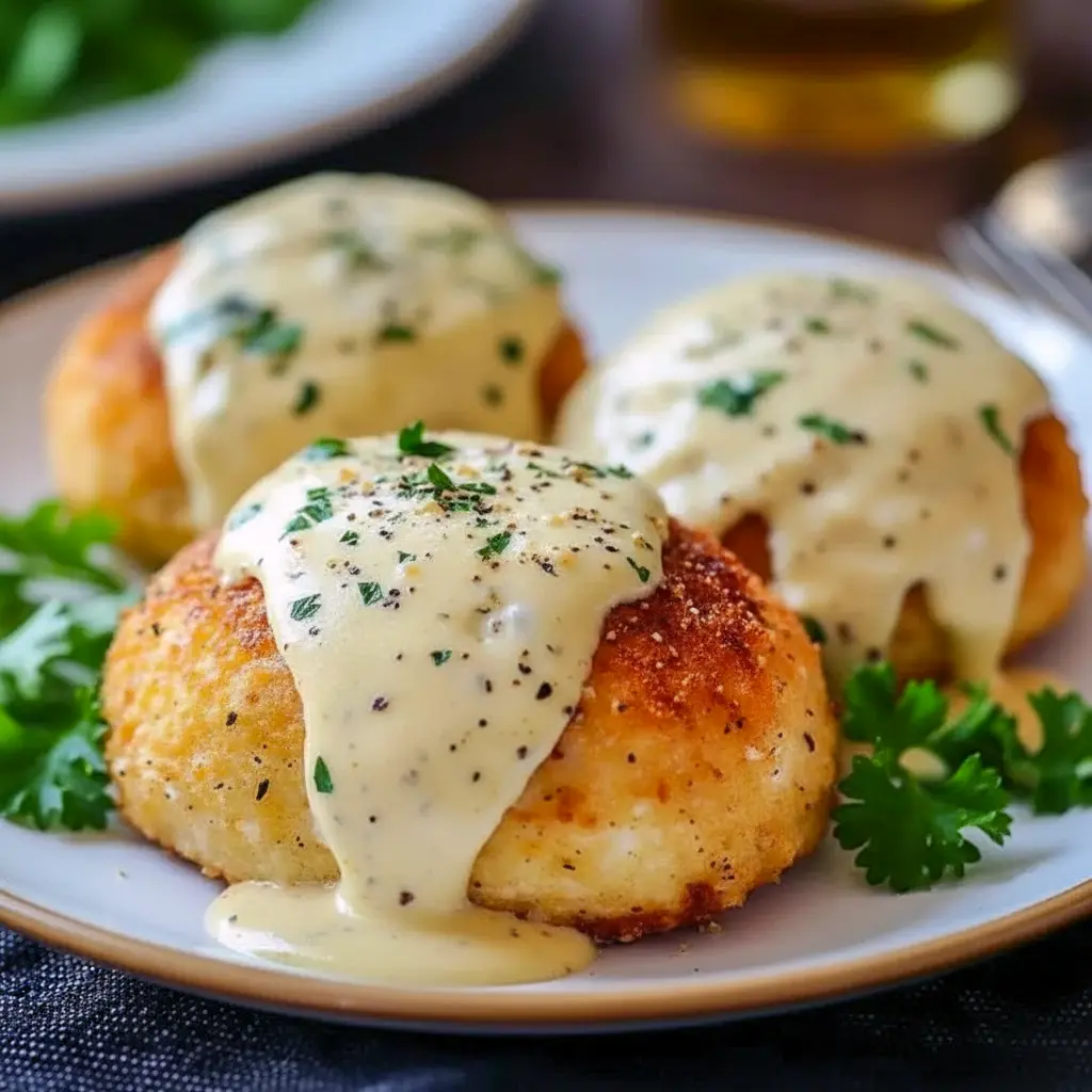 Golden-brown crescent-wrapped chicken pillows topped with creamy Parmesan sauce on a plate, Chicken Pillows With Creamy Parmesan Sauce.