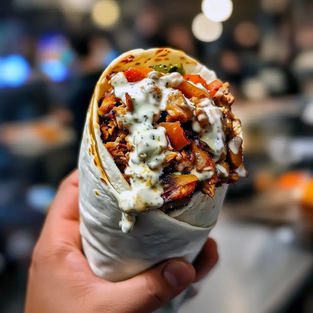Close-up of sliced Middle Eastern Chicken Shawarma wrapped in pita with garlic sauce, tomatoes, and pickles — a Middle Eastern Inspired Shawarma photo that reads like a Traditional Chicken Shawarma Recipe and belongs in your Chicken Shawarma Recipes board, Best Shawarma Recipe.