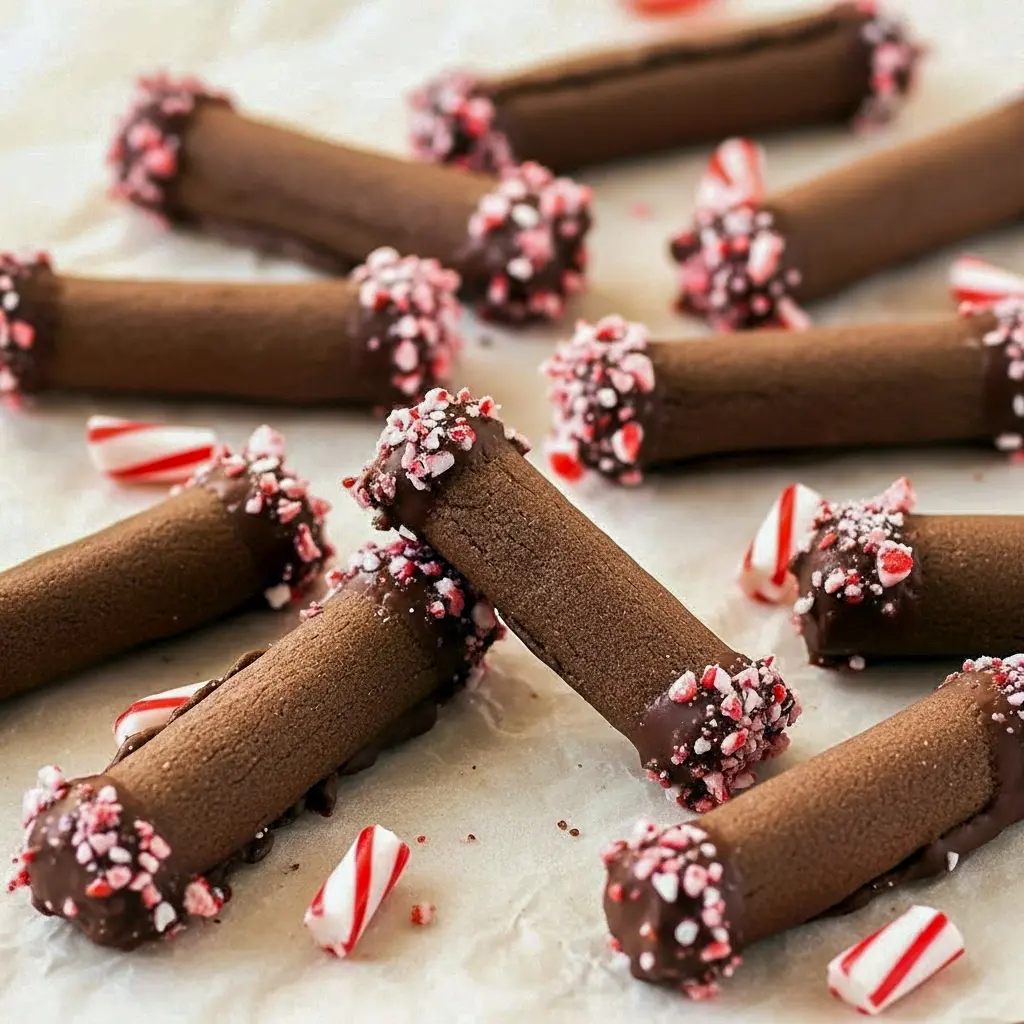 Close-up of a platter of rolled chocolate cookies filled with peppermint cream and sprinkled with crushed candy cane, styled with Dark Chocolate Peppermint Crunch Cookies, tiny decorative Chocolate Peppermint Spoons, and crumb-covered Chocolate Peppermint Crumble Cookies, Chocolate Peppermint Roll.