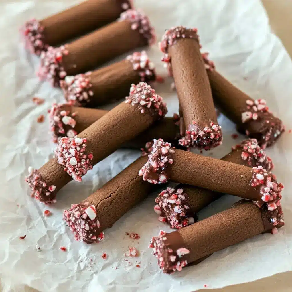 Close-up of a platter of rolled chocolate cookies filled with peppermint cream and sprinkled with crushed candy cane, styled with Dark Chocolate Peppermint Crunch Cookies, tiny decorative Chocolate Peppermint Spoons, and crumb-covered Chocolate Peppermint Crumble Cookies, Chocolate Peppermint Roll.