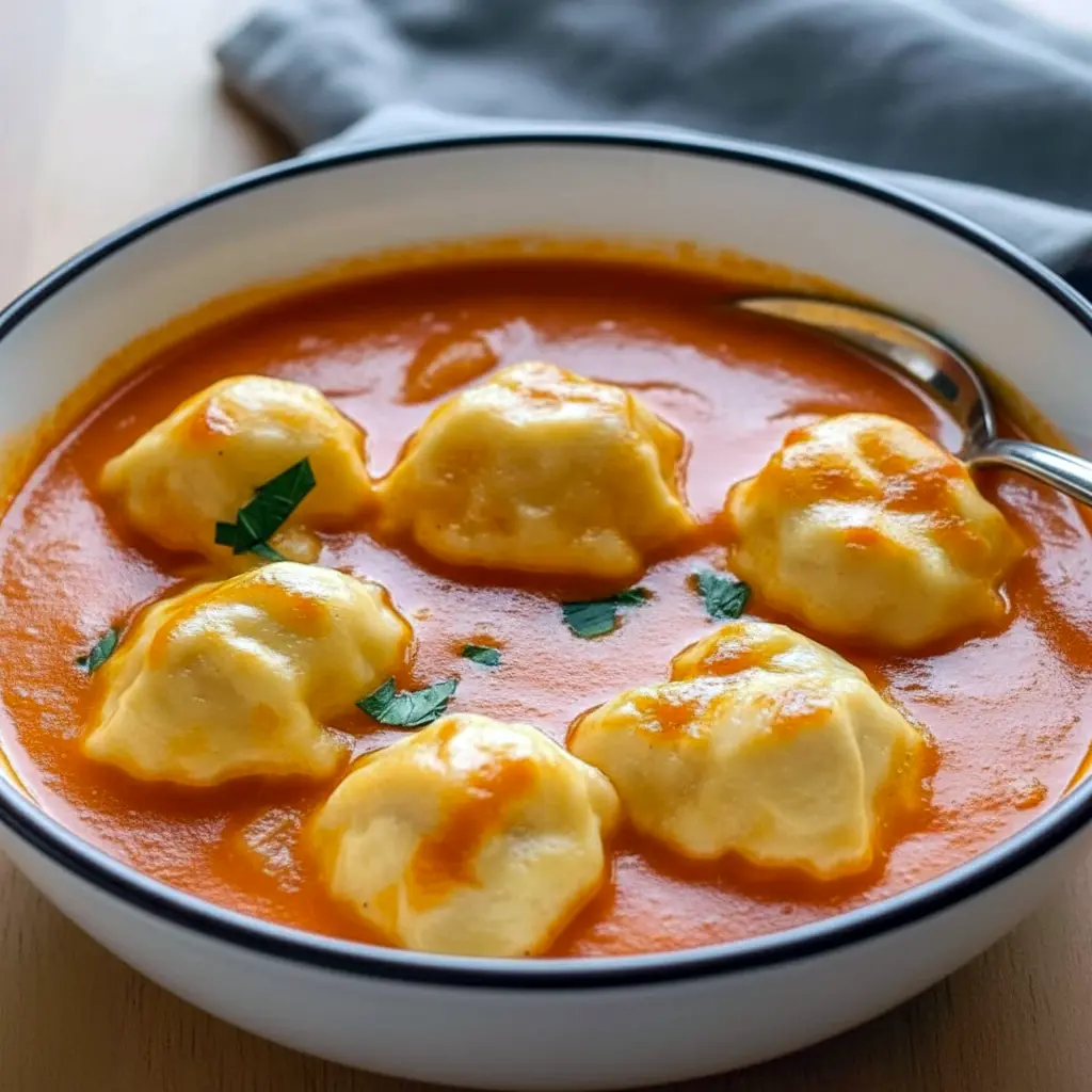 Overhead shot of a steaming bowl of tomato soup topped with golden, fluffy cheese dumplings and a scattering of fresh herbs, served with crusty bread, Easy Soups.