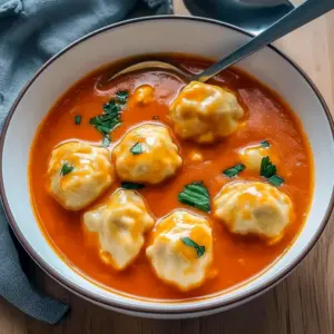 Overhead shot of a steaming bowl of tomato soup topped with golden, fluffy cheese dumplings and a scattering of fresh herbs, served with crusty bread, Easy Soups.