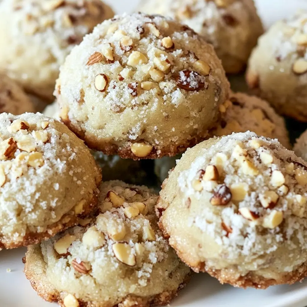 Stack of powdered sugar-dusted pecan snowball cookies on a festive plate, showing crumbly texture and chopped pecan pieces, Easy Snowball Cookies.