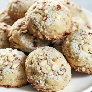Stack of powdered sugar-dusted pecan snowball cookies on a festive plate, showing crumbly texture and chopped pecan pieces, Easy Snowball Cookies.