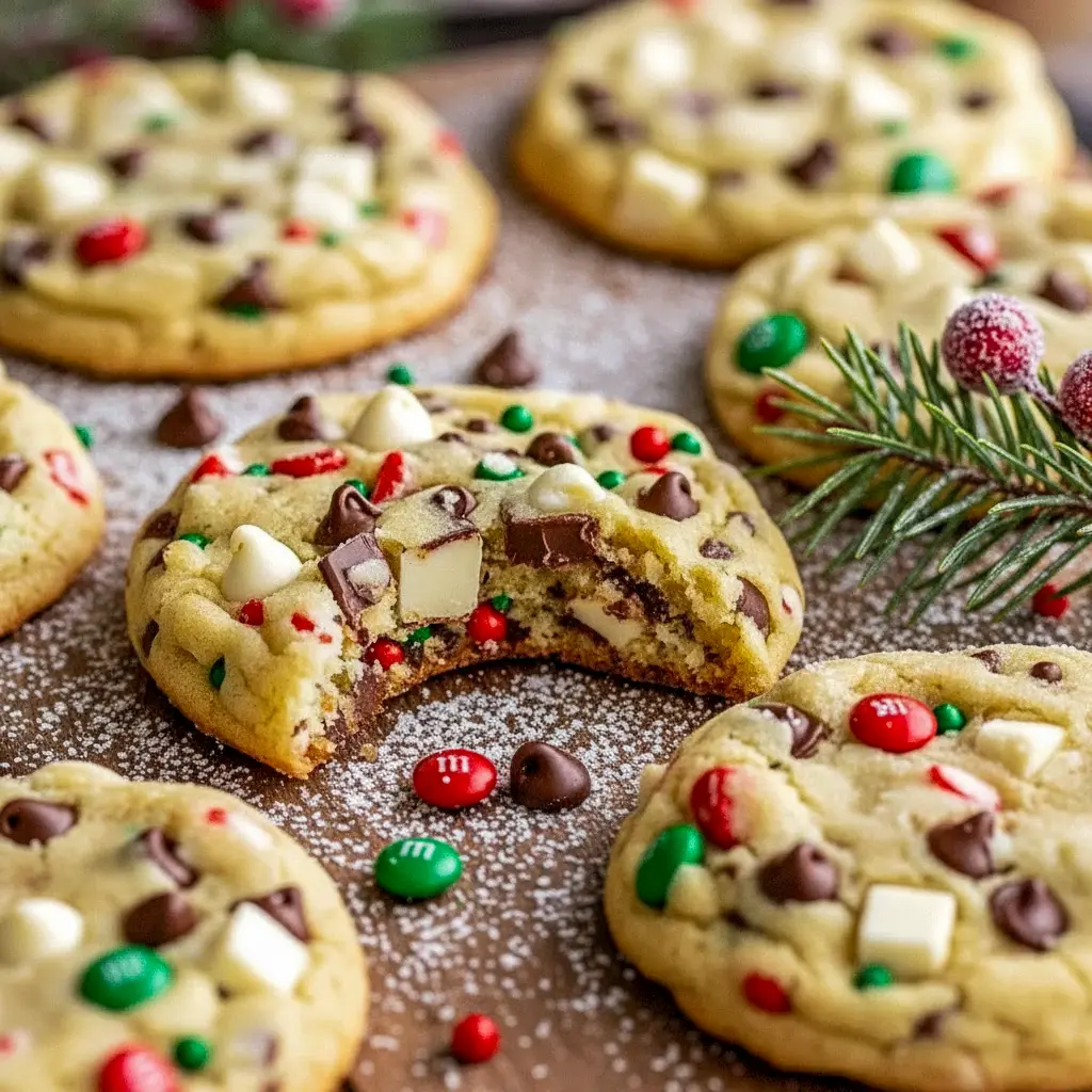 A cooling rack piled with Winter Wonderland Cookies Recipe cookies — the Best Cookies To Make With Kids, perfect for an Everything Christmas Cookies cookie box, Homemade Heaven Winter Wonderland Chocolate Chip Cookies.