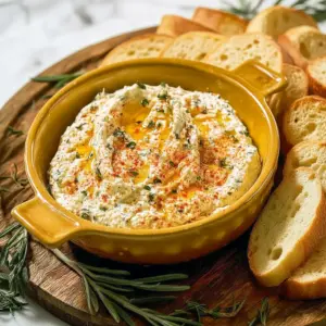 Small baking dish with bubbling, golden Boursin dip drizzled with hot honey and garnished with thyme, served with toasted baguette slices, Boursin Cheese Dip Hot Honey.