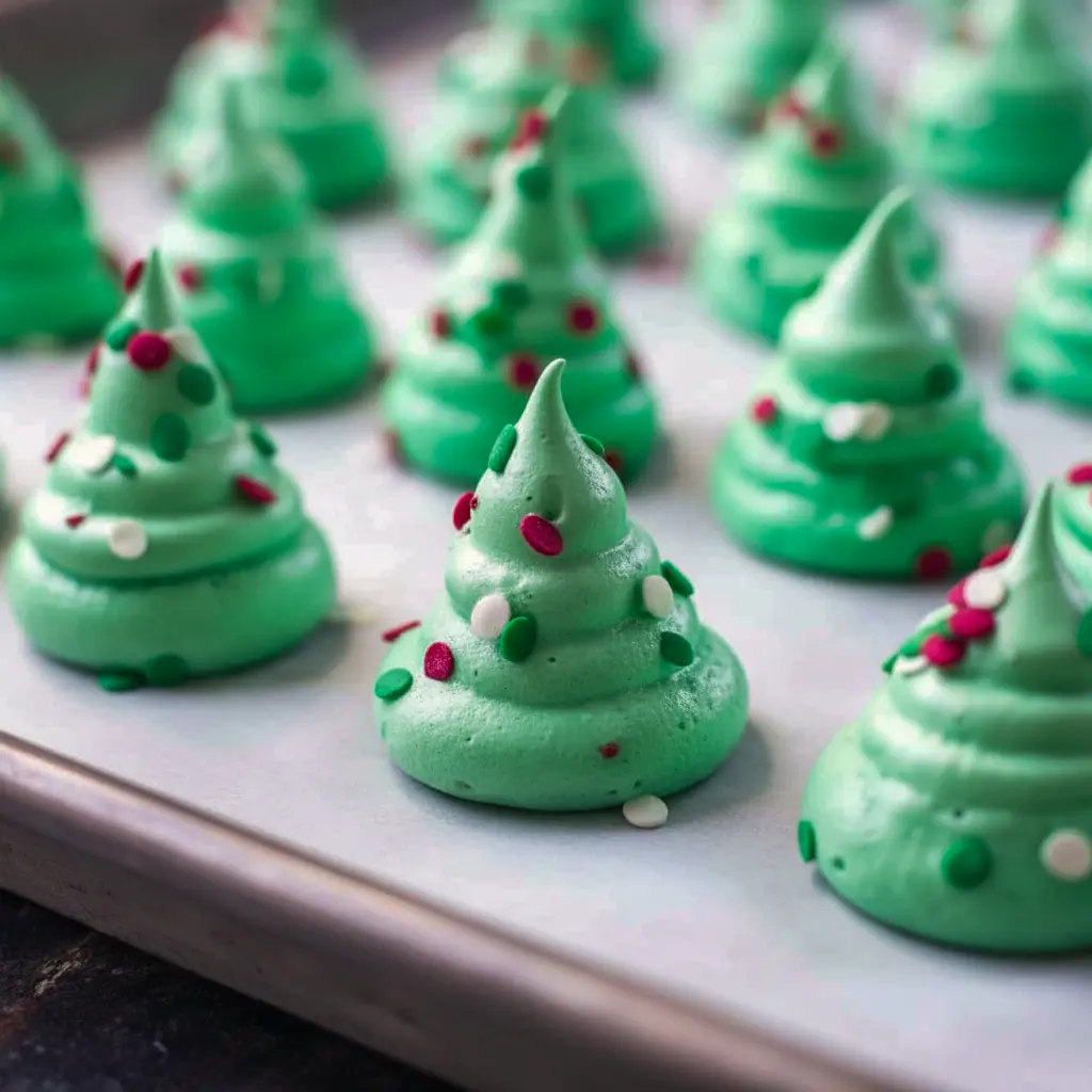 Close-up of piped green meringue Christmas tree cookies on parchment, sprinkled with nonpareils and a few pretzel trunks visible, cooling on a sheet pan, Meringue Christmas Trees.