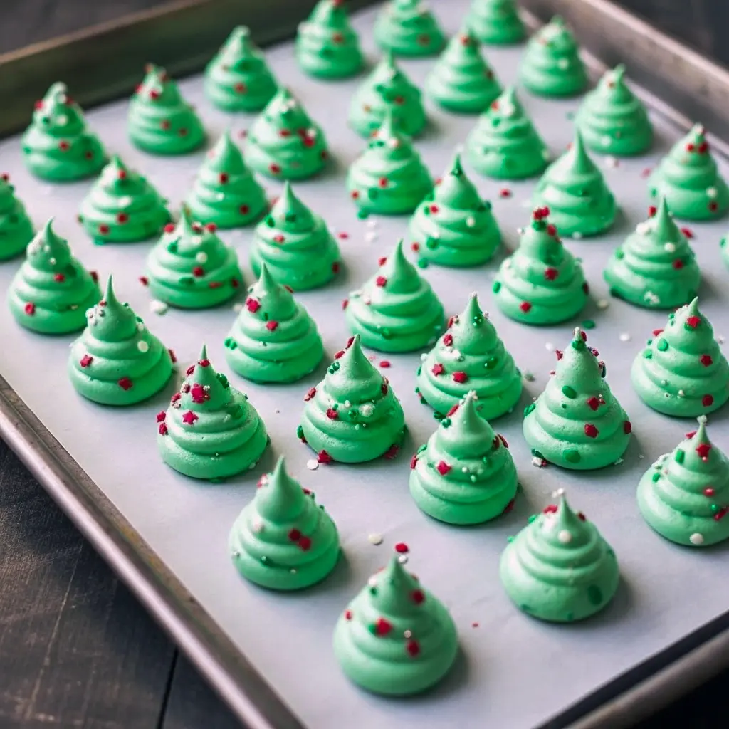 Close-up of piped green meringue Christmas tree cookies on parchment, sprinkled with nonpareils and a few pretzel trunks visible, cooling on a sheet pan, Meringue Christmas Trees.