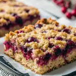 Close-up of a golden-crusted cranberry bar topped with bright red cranberries, cut into squares on a festive napkin, Best Christmas Eve Desserts.