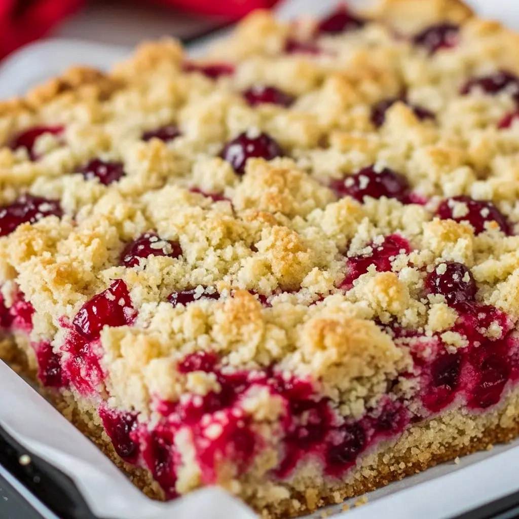 Close-up of a golden-crusted cranberry bar topped with bright red cranberries, cut into squares on a festive napkin, Best Christmas Eve Desserts.
