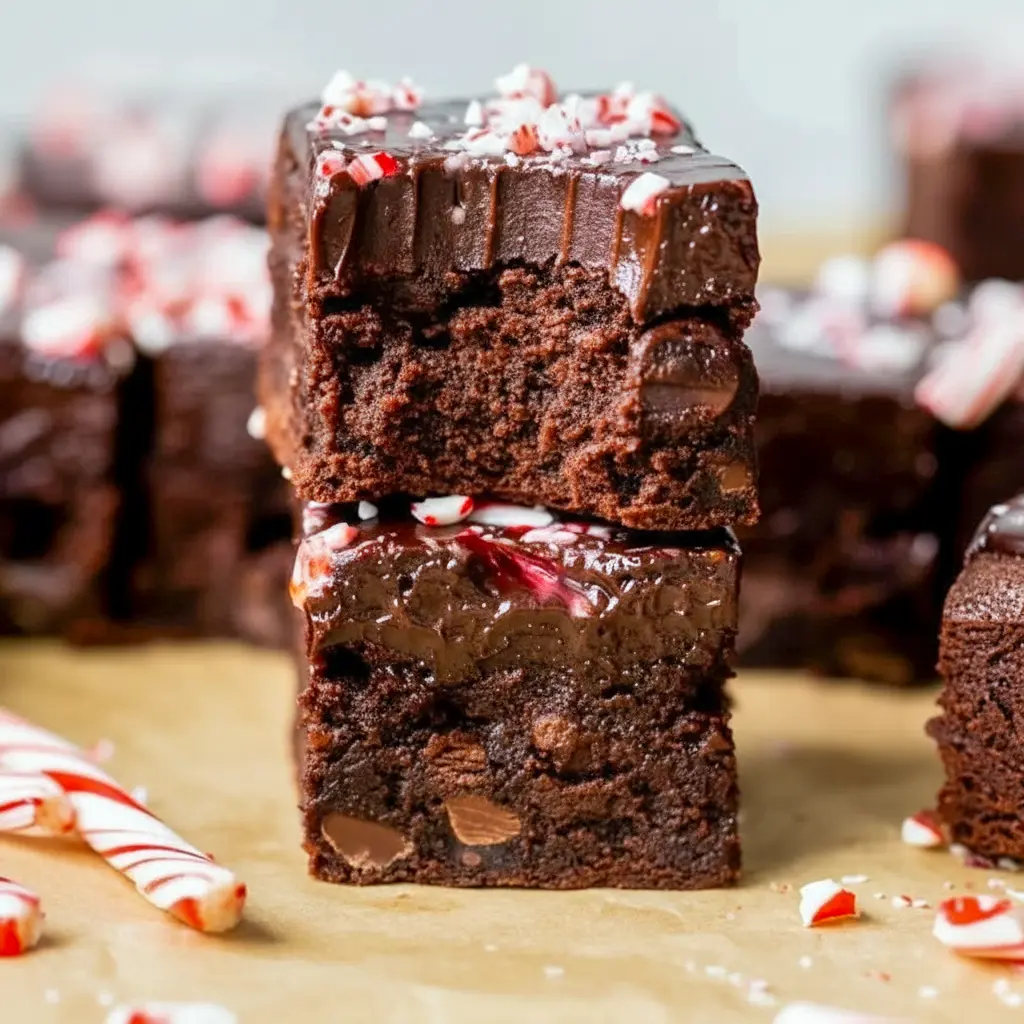 Close-up of glossy peppermint brownie squares with crushed candy cane topping on a rustic board — a tasty Peppermint Recipes shot for cozy Christmas Cooking, ideal bite-sized Baking Sweets and festive Christmas Snacks, Holiday Desserts.