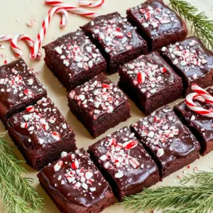 Close-up of glossy peppermint brownie squares with crushed candy cane topping on a rustic board — a tasty Peppermint Recipes shot for cozy Christmas Cooking, ideal bite-sized Baking Sweets and festive Christmas Snacks, Holiday Desserts.