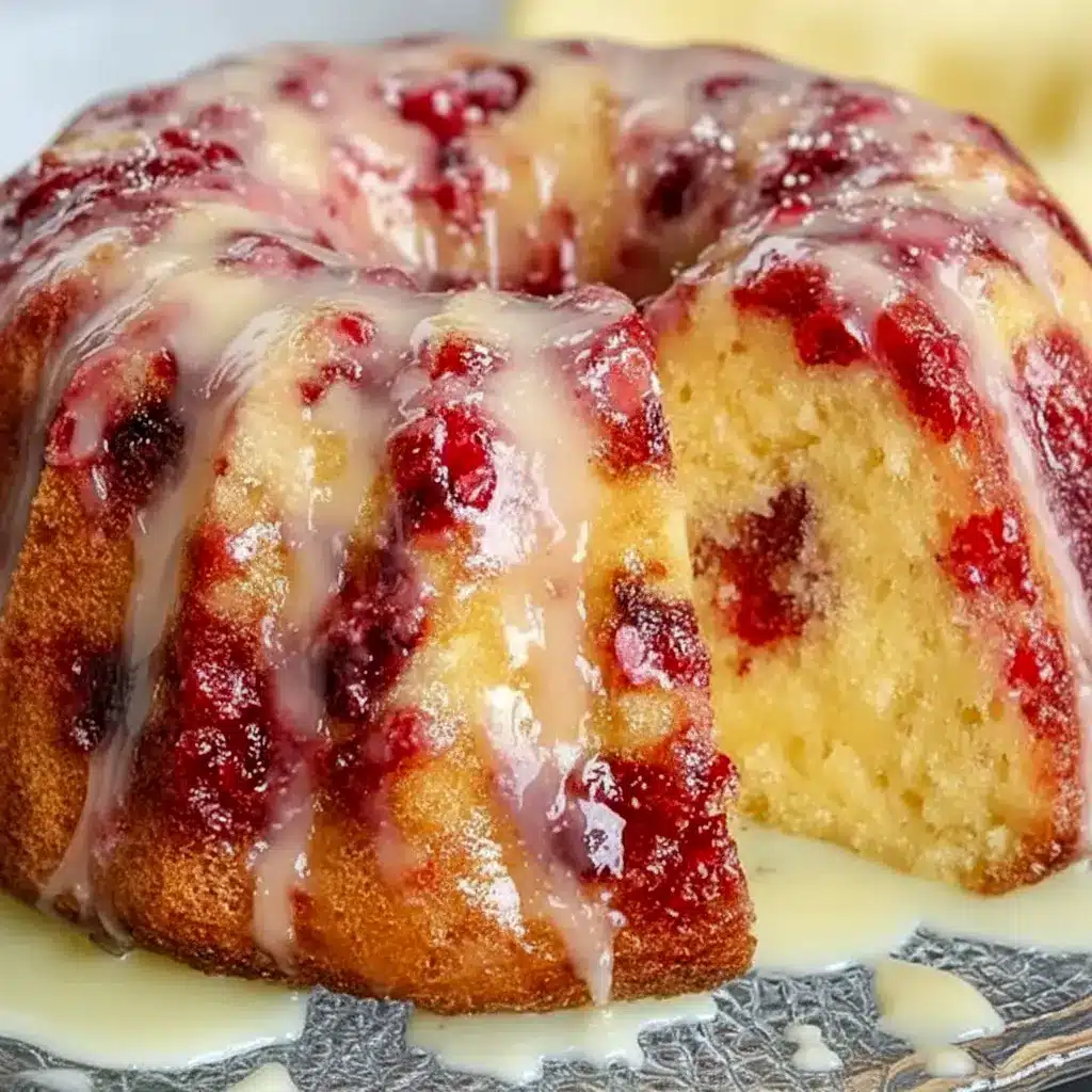 Glazed Bundt cake sliced to show tender crumb, studded with fresh cranberries and sprinkled orange zest on a rustic serving plate, Cranberry Bundt Cake.