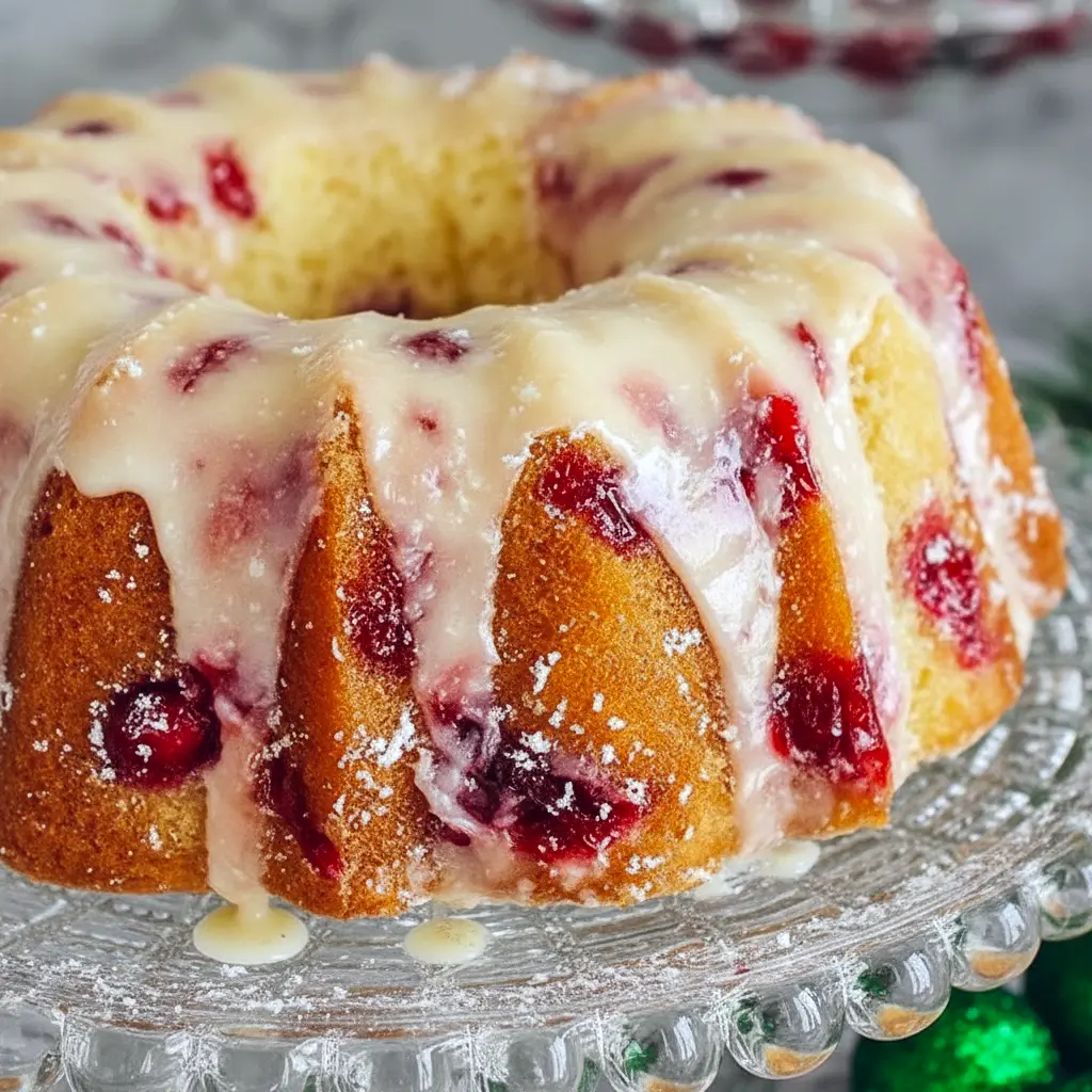 Glazed Bundt cake sliced to show tender crumb, studded with fresh cranberries and sprinkled orange zest on a rustic serving plate, Cranberry Bundt Cake.