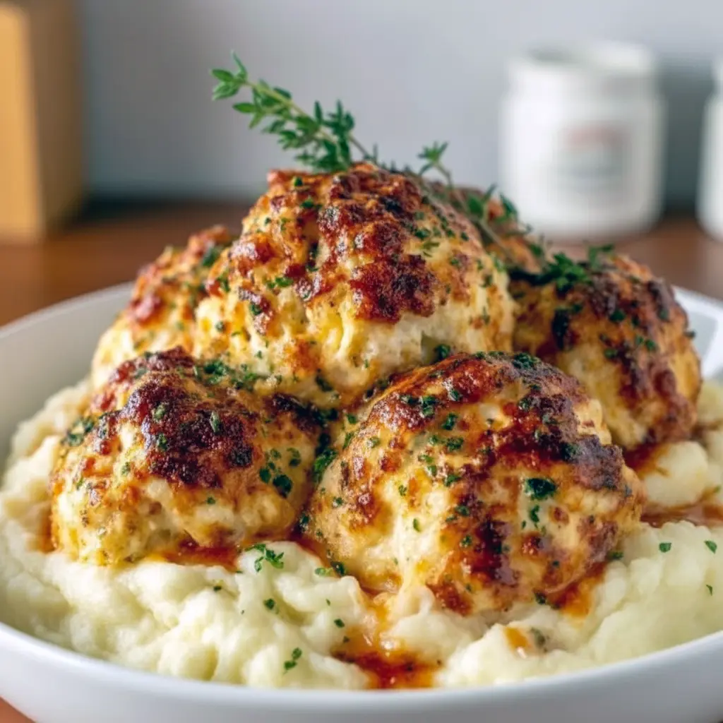 Close-up of golden Parmesan chicken bombs in a small casserole dish, smothered in creamy Parmesan sauce and sprinkled with fresh parsley, served beside creamy mashed potatoes, Parmesan Cloud Chicken Bombs.