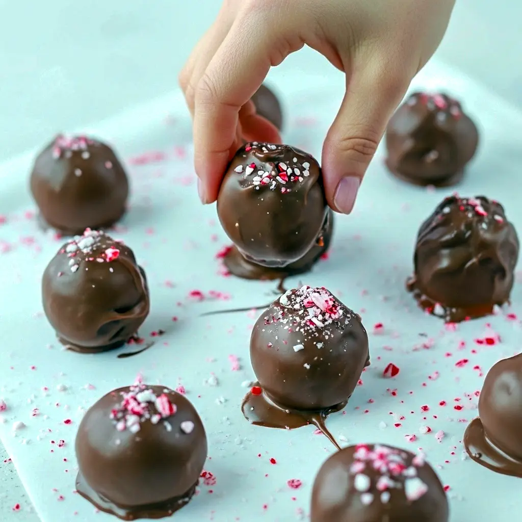 Close-up of a milk-chocolate coated brownie truffle sprinkled with crushed red-and-white candy cane pieces on a parchment-lined tray, Peppermint Candy Cane Brownies.