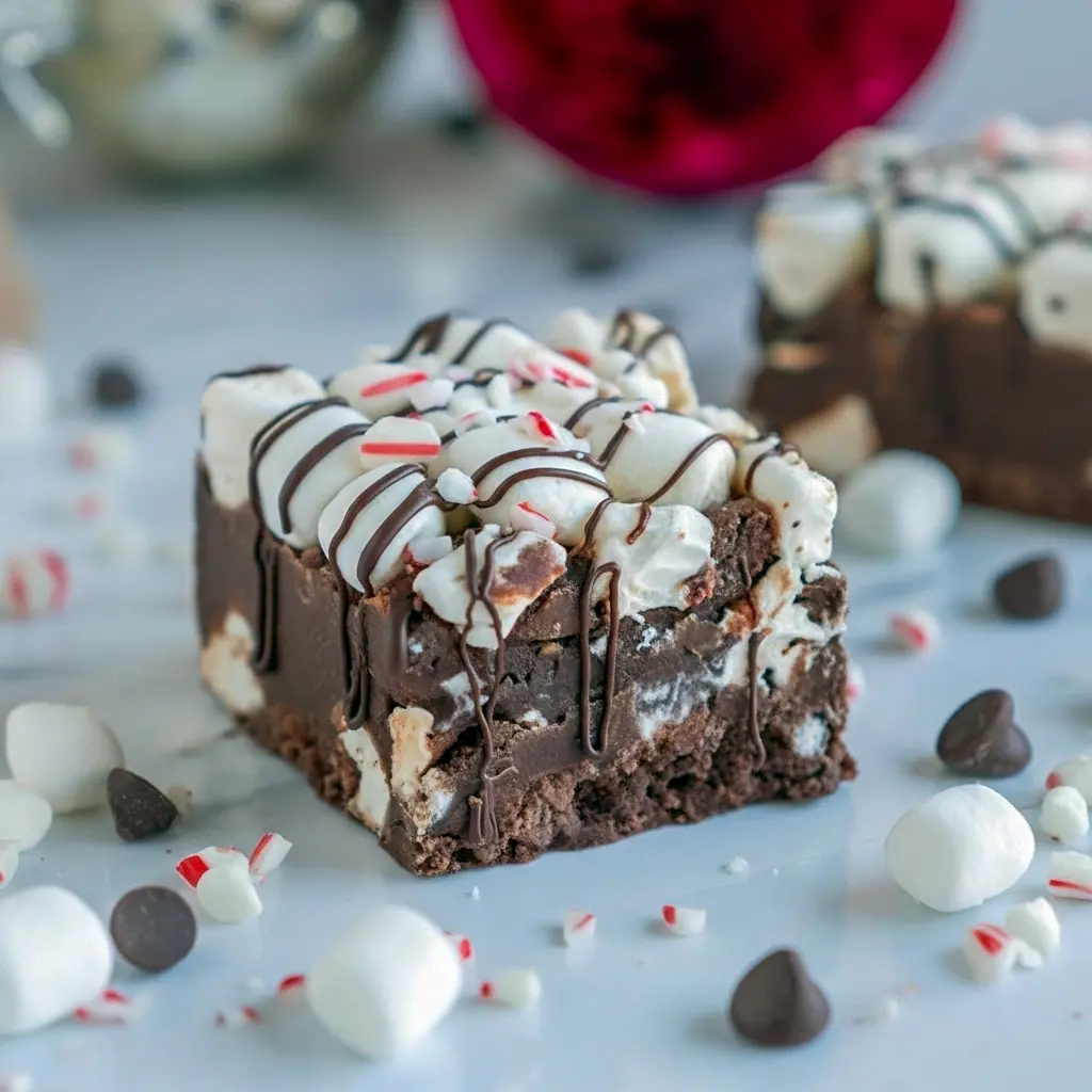 Close-up of peppermint chocolate fudge squares topped with mini marshmallows, crushed candy cane, and a chocolate drizzle, arranged on a festive napkin, Peppermint Chocolate Fudge.