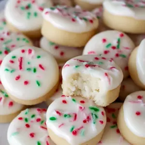 Close-up of frosted peppermint meltaway cookies dusted with crushed candy cane, stacked on a festive plate.