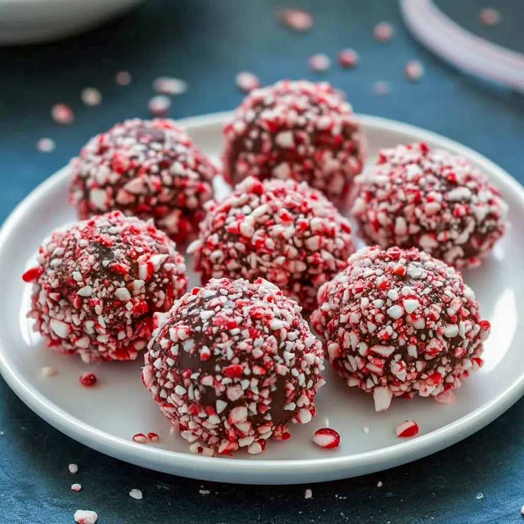 Close-up of glossy peppermint truffles coated in crushed candy cane and cocoa, arranged on a festive tray, Peppermint Truffles Recipe.