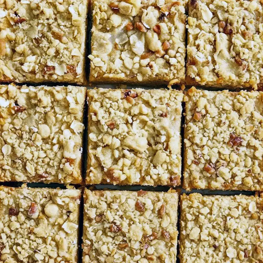 Pumpkin Pie Crumble Bars sliced on parchment, revealing a creamy pumpkin cheesecake center beneath a golden oat-and-pecan streusel topping.
