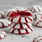 Close-up of powdered-sugar–dusted red velvet crinkle cookies on a plate, festive and bright — Red Christmas Desserts.