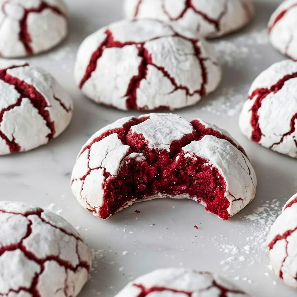 Close-up of powdered-sugar–dusted red velvet crinkle cookies on a plate, festive and bright — Red Christmas Desserts.