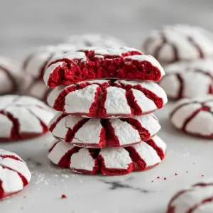 Close-up of powdered-sugar–dusted red velvet crinkle cookies on a plate, festive and bright — Red Christmas Desserts.