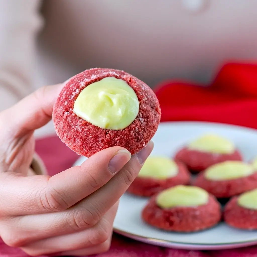 Close-up of glossy red velvet thumbprint cookies filled with creamy white cream cheese, arranged on a festive plate with a light dusting of powdered sugar and red sanding sugar, Best Xmas Cookie Recipes.