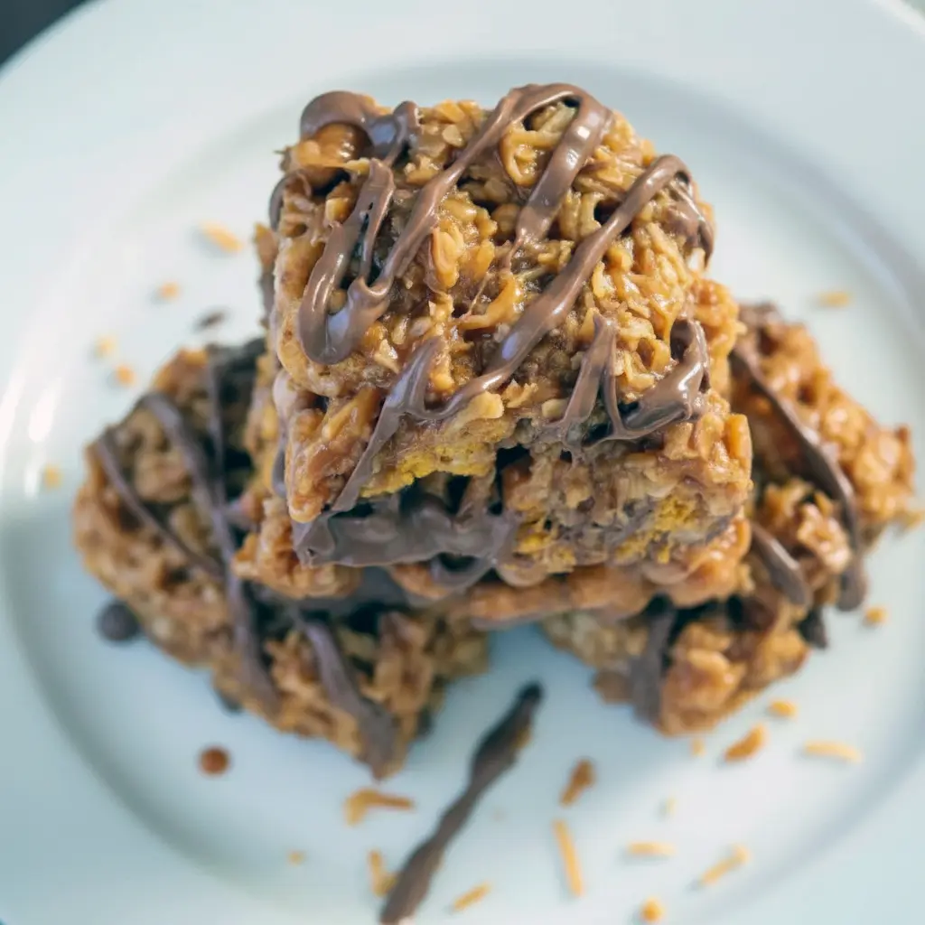 Close-up of Samoa-style bars topped with toasted coconut and chocolate drizzle; note for a Low Carb Dessert alternative, Rice Krispie Treats.