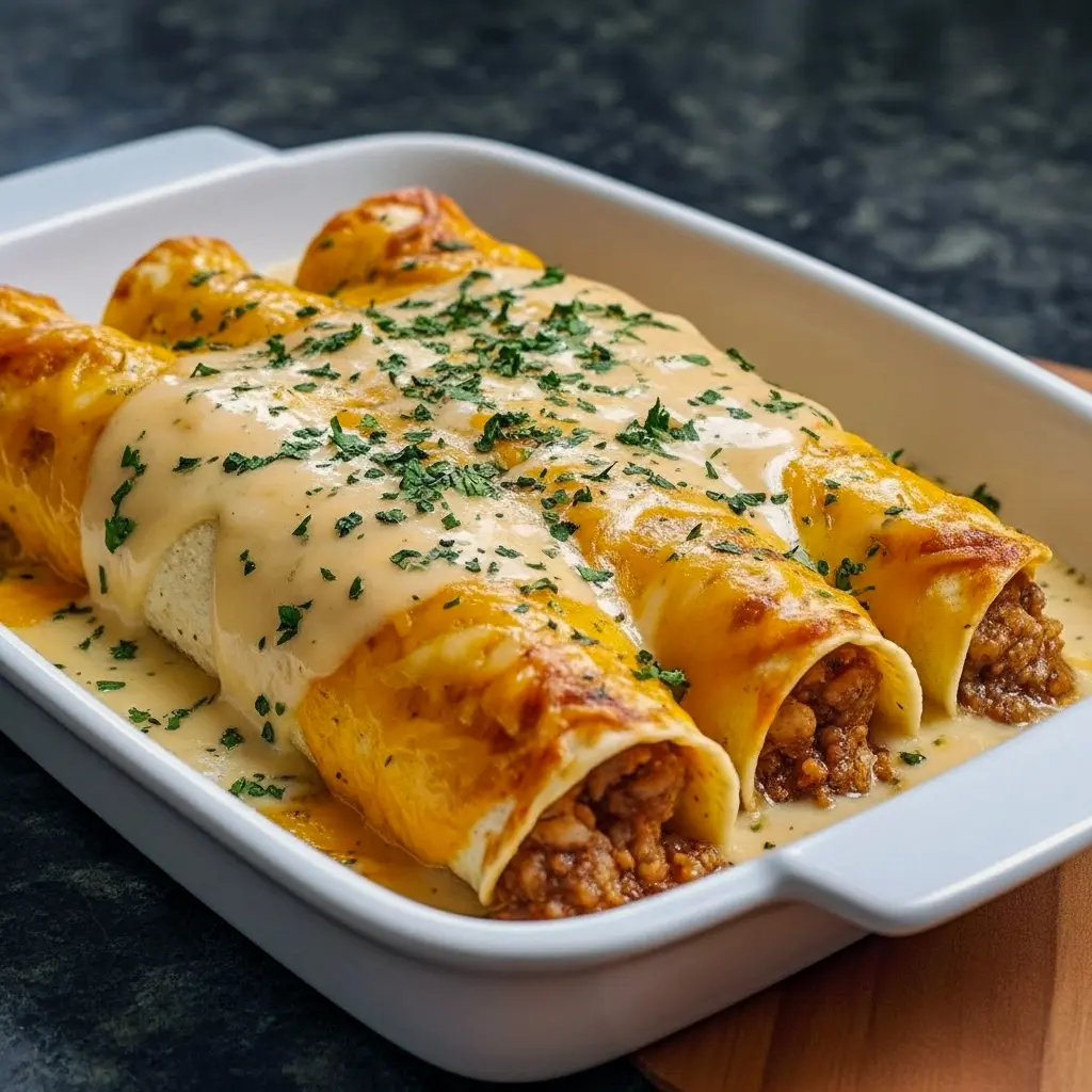 Southern breakfast enchiladas topped with creamy sausage gravy in a baking dish, showcasing a hearty Comfort Foods Healthy brunch packed with flavor; perfect for Unique Breakfast Food, easy Breakfast Gameday Food, pairing with Breakfast Side Ideas, great for Traveling Breakfast Ideas, fun for Different Breakfast Recipes, inspired by Smoked Sausage Breakfast, ideal for cozy Breakfast Entrees, and a twist on Traditional Breakfast Ideas.