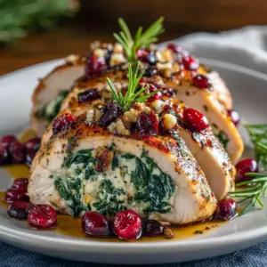 Sliced spinach-and-cranberry stuffed chicken breast on a platter, garnished with fresh herbs and a drizzle of pan juices, Christmas Chicken Ideas.