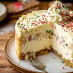 Sliced sugar cookie cheesecake on a festive plate, showing a golden cookie crust and creamy filling topped with whipped cream, sprinkles, and fresh berries, Christmas Baked Cheesecake.