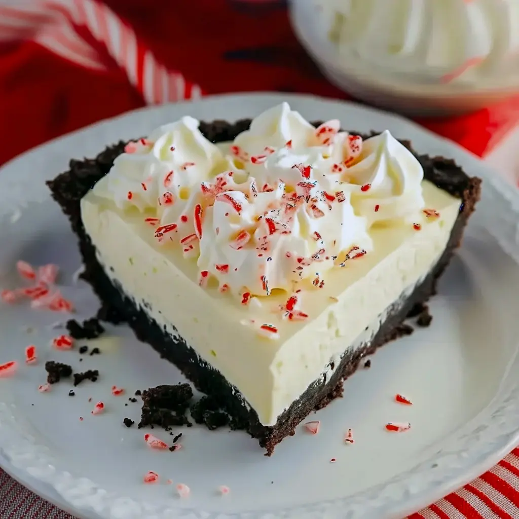 Slice of white chocolate peppermint pie with whipped cream, crushed candy cane and white chocolate shavings on a chocolate cookie crust — a mouthwatering Christmas Desserts Chocolate photo that reads like a Peppermint Cream Cheese Pie and White Chocolate Peppermint Oreo Pie in one; ideal for White Christmas Pie Recipes, fans of a classic Peppermint Pie, lovers of Peppermint Cream Pie, and perfect for holiday galleries of Christmas Baking Recipes Desserts, Christmas Cream Pie features, or Cream Pies No Bake roundups.
