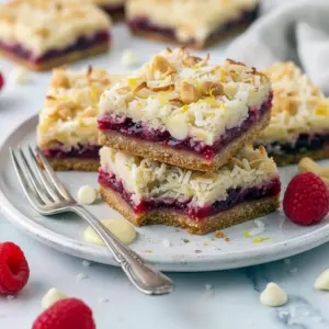 Lemon Magic Cookie Bars — close-up of jam-filled, coconut-topped squares; chewy, glossy Raspberry Jam Bars, Raspberry Magic Bars.