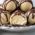 Close-up of glossy white-chocolate coated cheesecake balls drizzled with dark chocolate, sprinkled with cookie crumbs and gold sprinkles on a festive serving plate, Christmas Cheesecake Dessert.