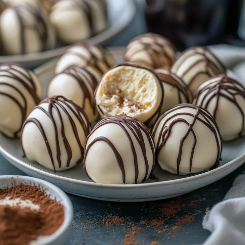 Close-up of glossy white-chocolate coated cheesecake balls drizzled with dark chocolate, sprinkled with cookie crumbs and gold sprinkles on a festive serving plate, Christmas Cheesecake Dessert.