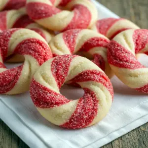 Close-up of round sugar cookies studded with crushed peppermint, arranged on a festive plate, Festive Christmas Cookies Recipes.