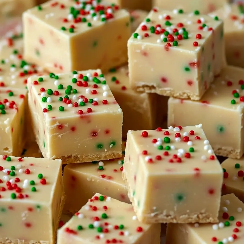 Cookie Monster Fudge Recipes–inspired white fudge squares with colorful sprinkles on a festive tray — a biteable Christmas Fudge next to tiny Brownie Desserts, a pin for Fudge Recipes Easy, Easy Christmas Cookie Fudge.