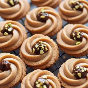 Close-up of coffee butter cookies piped into rosettes, drizzled with dark chocolate and topped with chopped pistachios on a festive plate, Christmas Desserts.