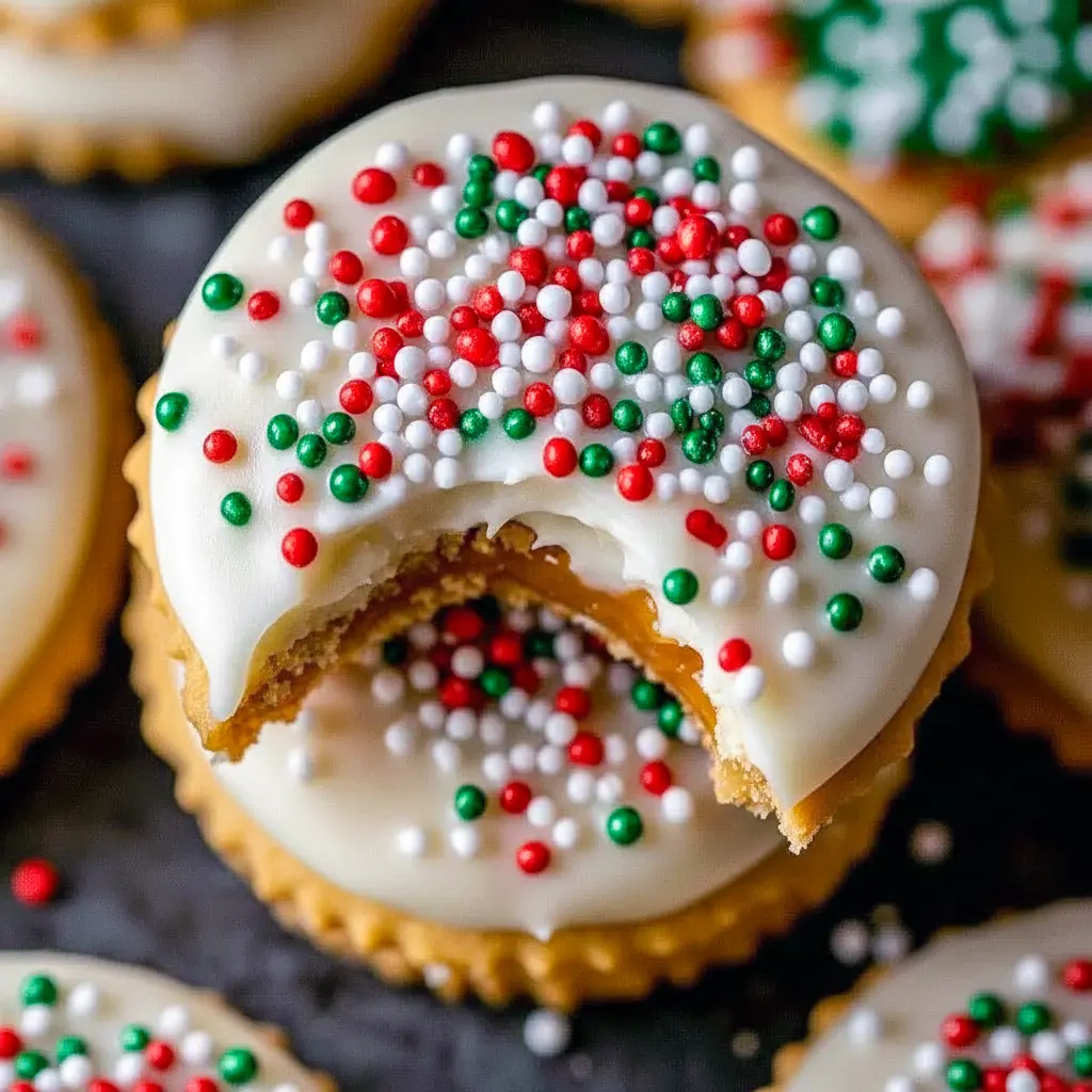 Caramel-filled Ritz cracker sandwiches dipped in white chocolate and topped with red, white, and green sprinkles on a festive plate, Christmas Sweet Treats.