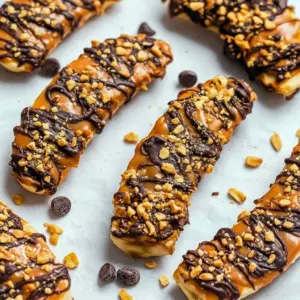 Frozen banana slices topped with peanut butter, chopped peanuts, and dark chocolate drizzle on parchment paper, Healthy Banana Treats.