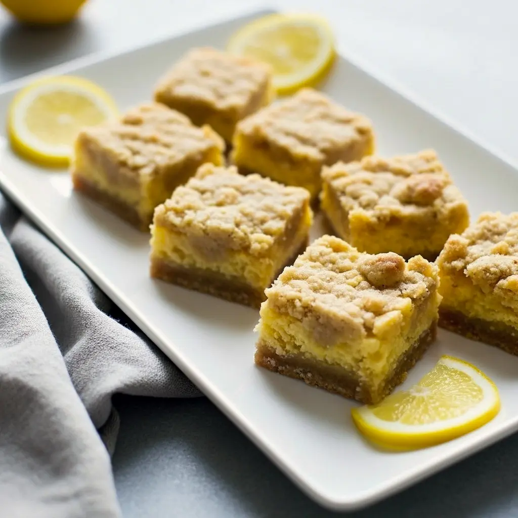 Golden Lemon Shortbread Bars on a tray topped with powdered sugar — bright, buttery squares ideal for Lemon Dessert Recipes, highlighting a perfect blend of Lemon Savory sweetness for Baking For A Crowd. A vibrant Lemon Bar dessert that works well among Easy Easter Desserts, featuring melt-in-your-mouth Shortbread Bars as a crowd-friendly Dessert Bar Recipe, styled for warm-weather gatherings and refreshing Lemon Desserts.
