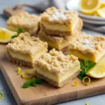 Golden Lemon Shortbread Bars on a tray topped with powdered sugar — bright, buttery squares ideal for Lemon Dessert Recipes, highlighting a perfect blend of Lemon Savory sweetness for Baking For A Crowd. A vibrant Lemon Bar dessert that works well among Easy Easter Desserts, featuring melt-in-your-mouth Shortbread Bars as a crowd-friendly Dessert Bar Recipe, styled for warm-weather gatherings and refreshing Lemon Desserts.