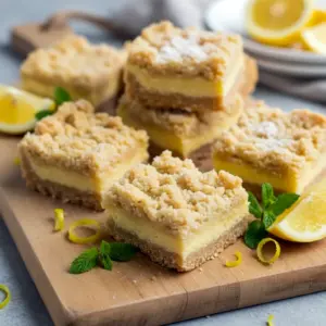 Golden Lemon Shortbread Bars on a tray topped with powdered sugar — bright, buttery squares ideal for Lemon Dessert Recipes, highlighting a perfect blend of Lemon Savory sweetness for Baking For A Crowd. A vibrant Lemon Bar dessert that works well among Easy Easter Desserts, featuring melt-in-your-mouth Shortbread Bars as a crowd-friendly Dessert Bar Recipe, styled for warm-weather gatherings and refreshing Lemon Desserts.