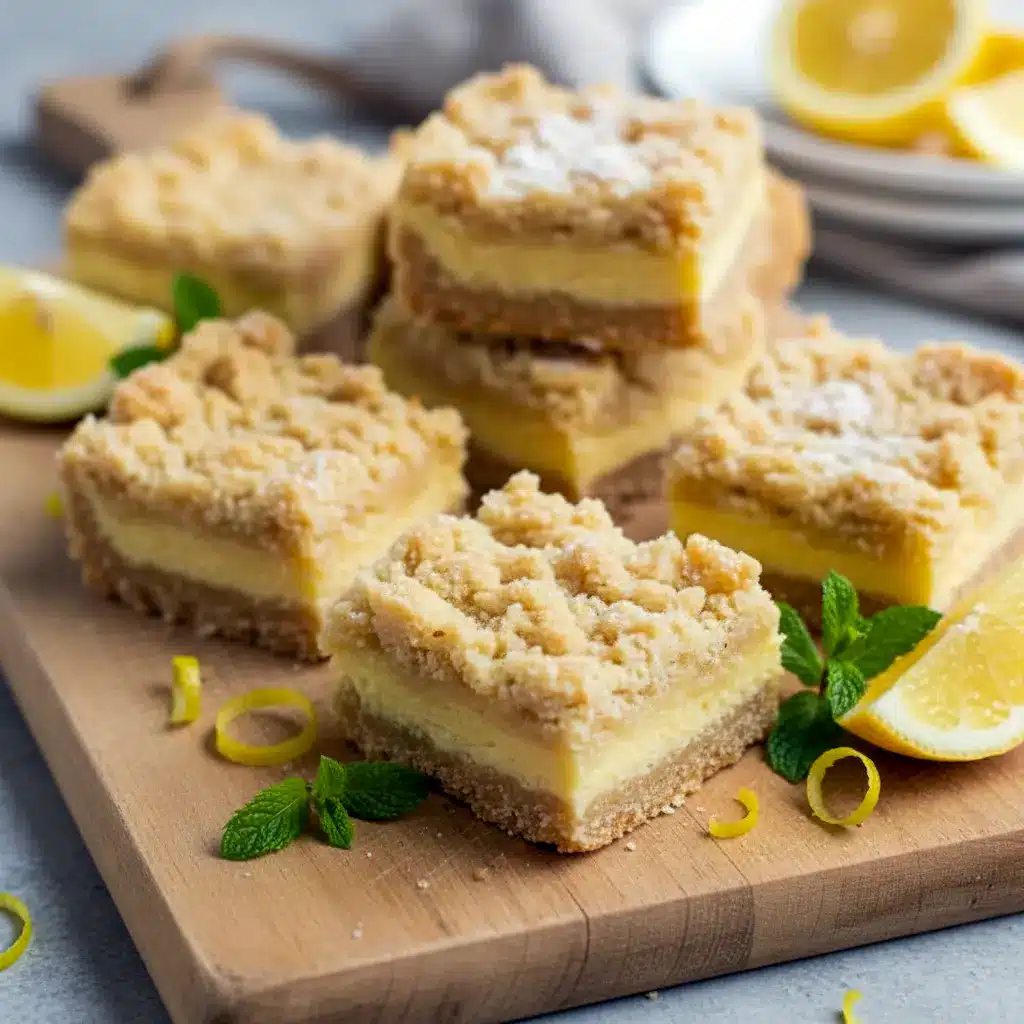 Golden Lemon Shortbread Bars on a tray topped with powdered sugar — bright, buttery squares ideal for Lemon Dessert Recipes, highlighting a perfect blend of Lemon Savory sweetness for Baking For A Crowd. A vibrant Lemon Bar dessert that works well among Easy Easter Desserts, featuring melt-in-your-mouth Shortbread Bars as a crowd-friendly Dessert Bar Recipe, styled for warm-weather gatherings and refreshing Lemon Desserts.