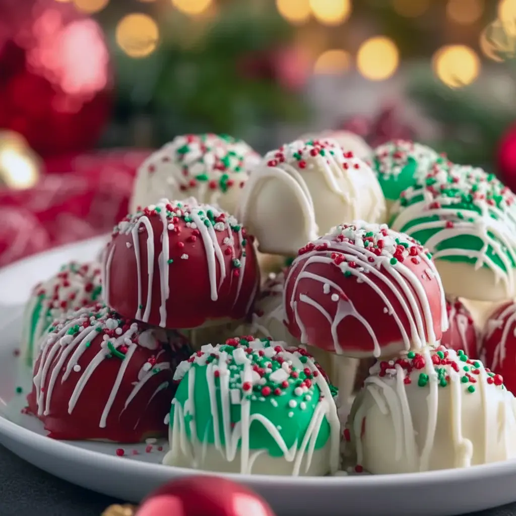 Close-up of glossy, candy-coated cheesecake bites on a holiday platter, a modern spin on Christmas Baked Treats, styled as easy Christmas Movie Snacks and charming Small Christmas Desserts, perfect little Holiday Sweets, Quick And Easy Christmas Desserts.